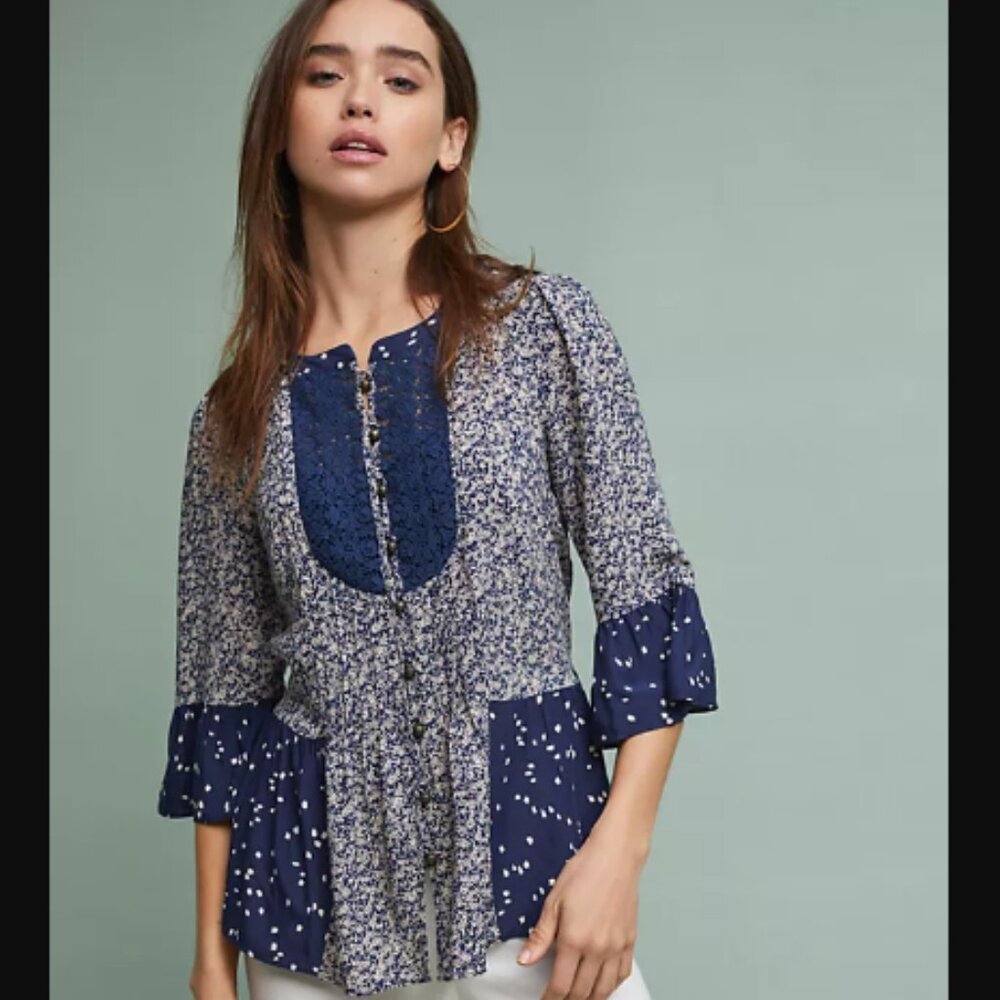 Anthropologie Maeve Hiver Floral Print Blouse in Navy Blue Size 2